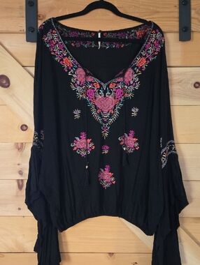 Free People Black Boho Embroidered V-Neck Tunic with Pink & Orange Floral Detail